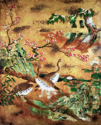 Birds and Flowers Sliding-Door Panel by Japanese School